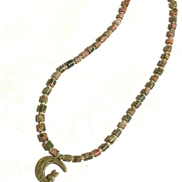 Unakite Stone Bronze Cat on the Moon Necklace, Genuine Gemstone Beaded Necklace - Picture 6 of 9
